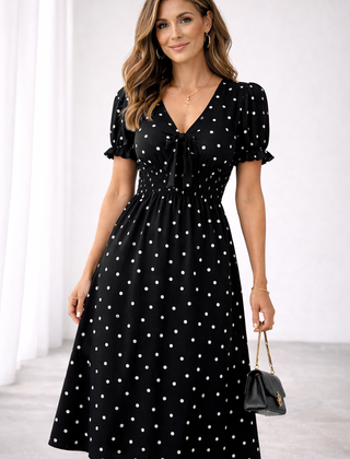 Mirella | Polka-Dot Tie-Neck Midi Dress