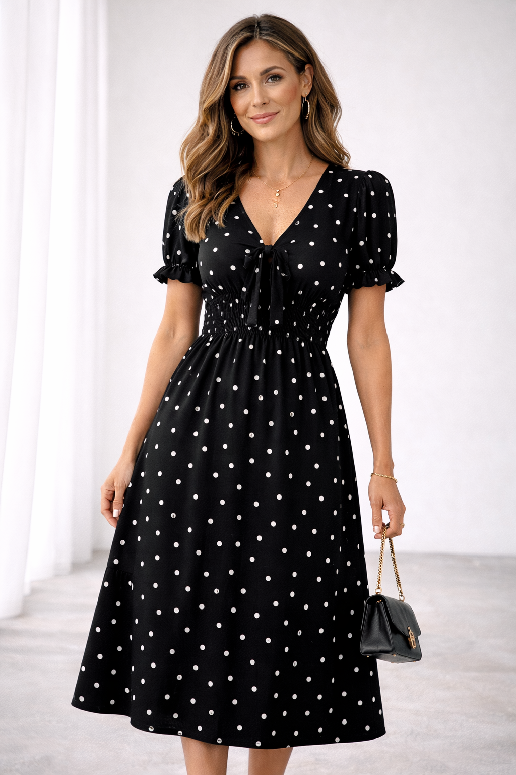Mirella | Polka-Dot Tie-Neck Midi Dress