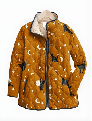 Black Quilted Jacket with Cat Pattern