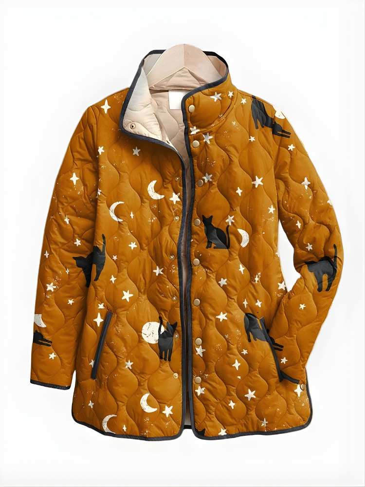 Black Quilted Jacket with Cat Pattern