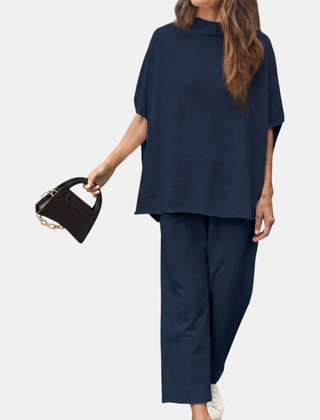 Mock Neck Lounge Set Wide Leg Cropped Pants