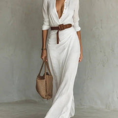 Lapel V-Neck Belted Wrap Maxi Dress for Women