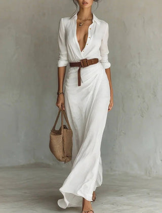 Lapel V-Neck Belted Wrap Maxi Dress for Women