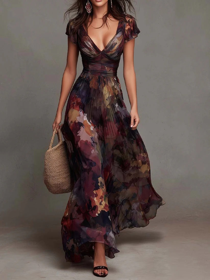 Watercolor Floral Pleated Maxi Dress for Women