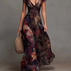 Watercolor Floral Pleated Maxi Dress for Women
