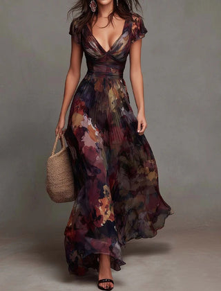 Watercolor Floral Pleated Maxi Dress for Women