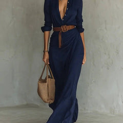 Lapel V-Neck Belted Wrap Maxi Dress for Women