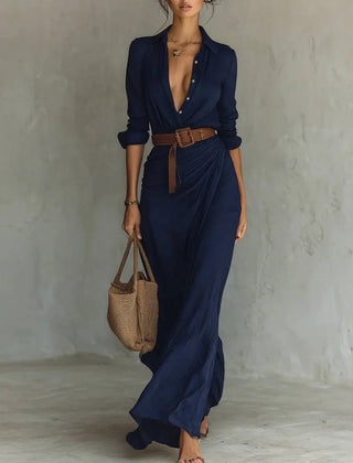 Lapel V-Neck Belted Wrap Maxi Dress for Women