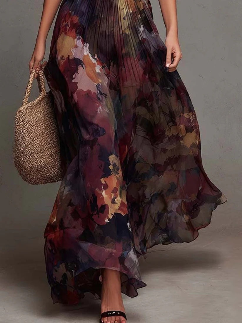 Watercolor Floral Pleated Maxi Dress for Women