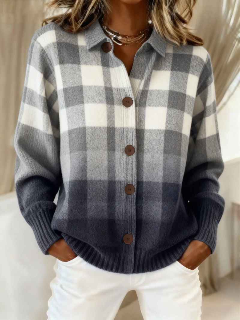 Ombre Plaid Button Cardigan