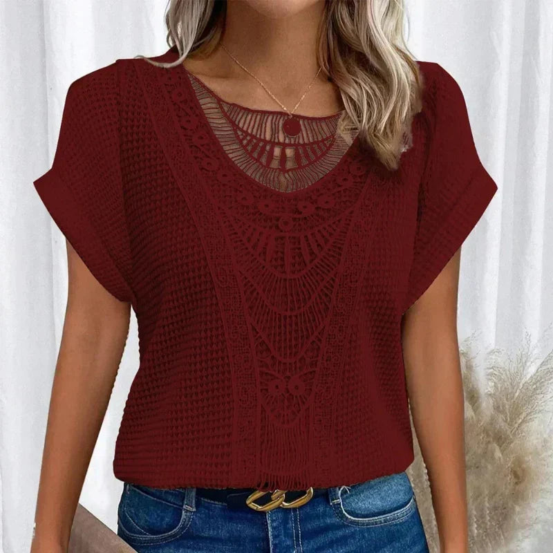Top with Round Neck and Lace Trim