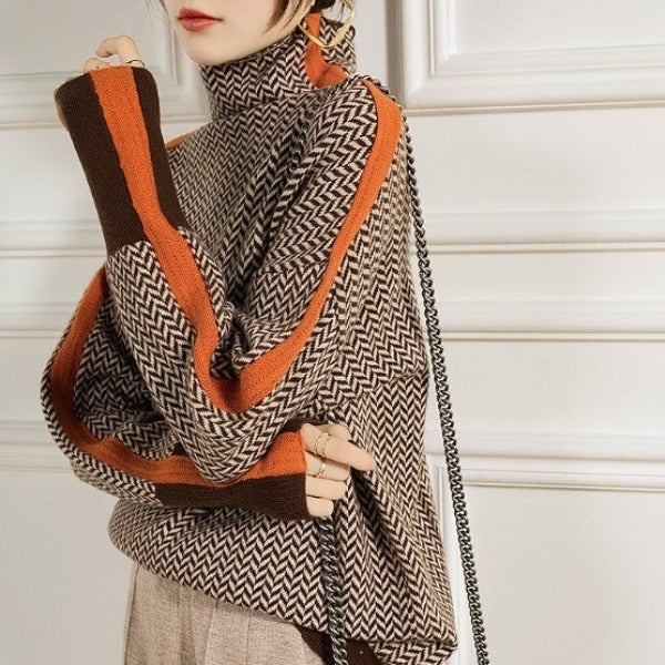Elegant Contrast Turtleneck Sweater
