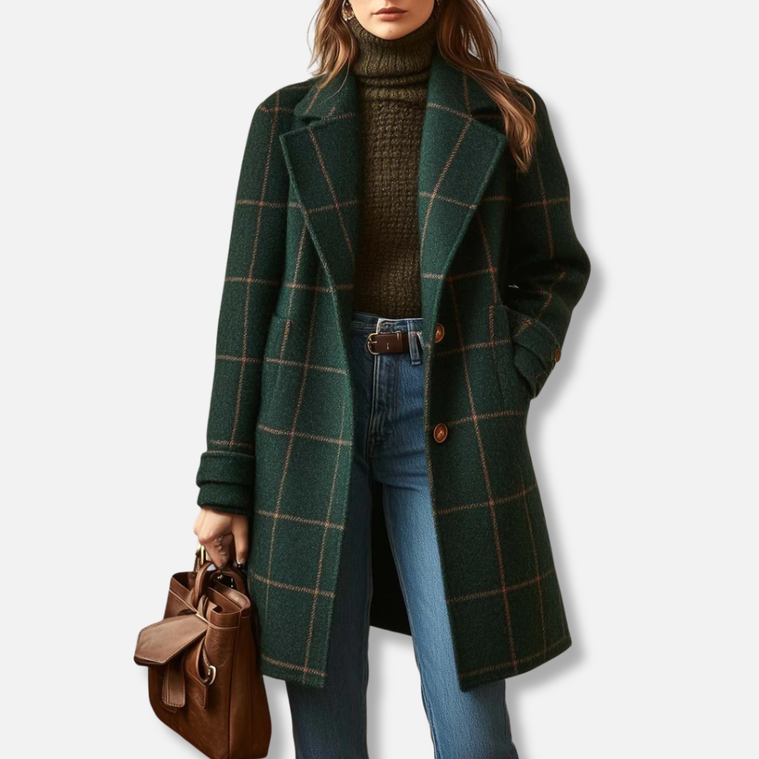Plaid Wool-Blend Long Coat