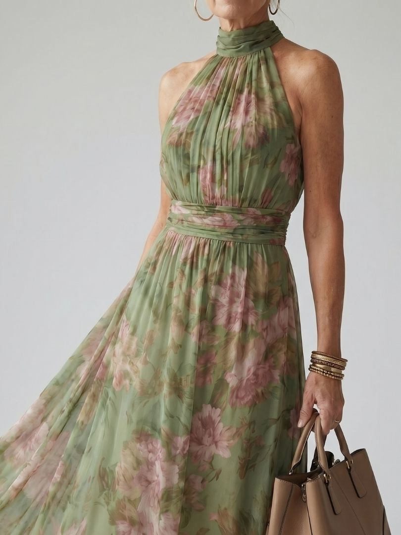 Mireille | Halter-Neck Midi Dress in Sage Green