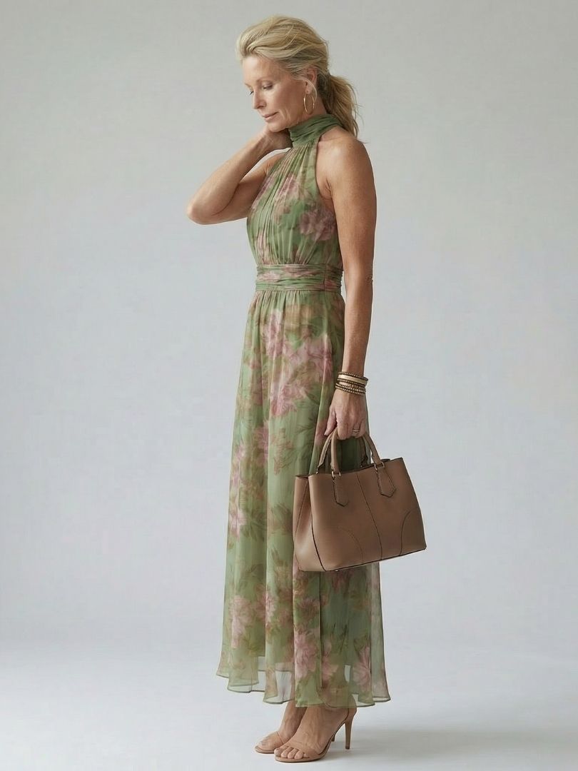 Mireille | Halter-Neck Midi Dress in Sage Green