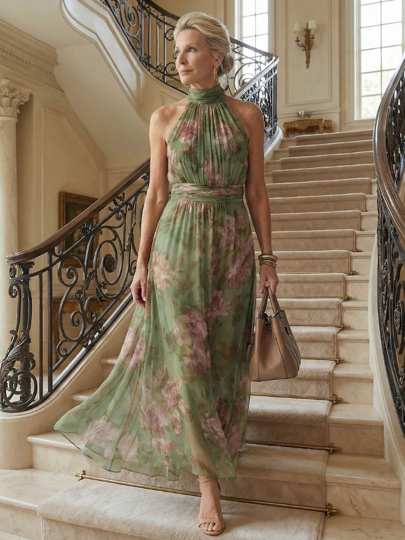 Mireille | Halter-Neck Midi Dress in Sage Green