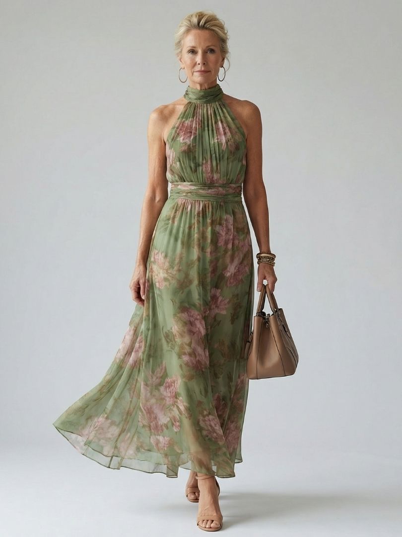 Mireille | Halter-Neck Midi Dress in Sage Green