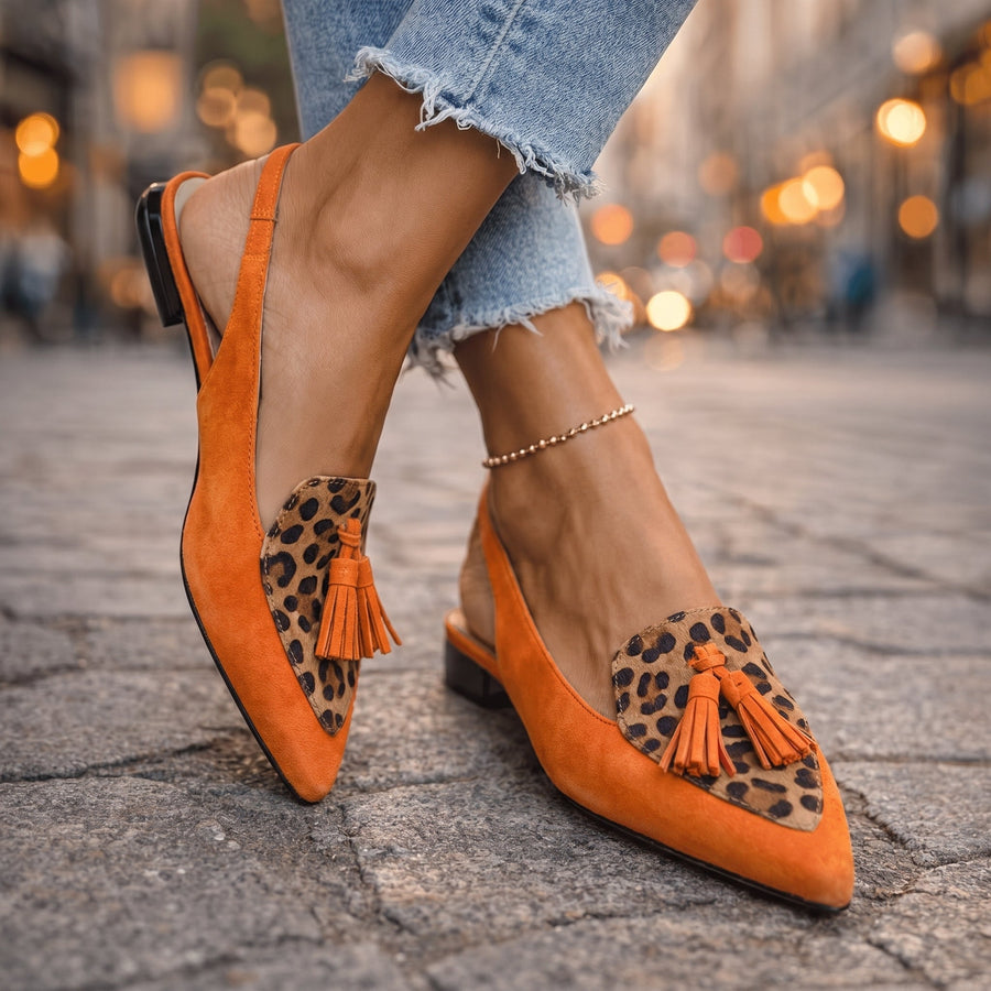 Sandals with Straps and Tassels in orange and leopard