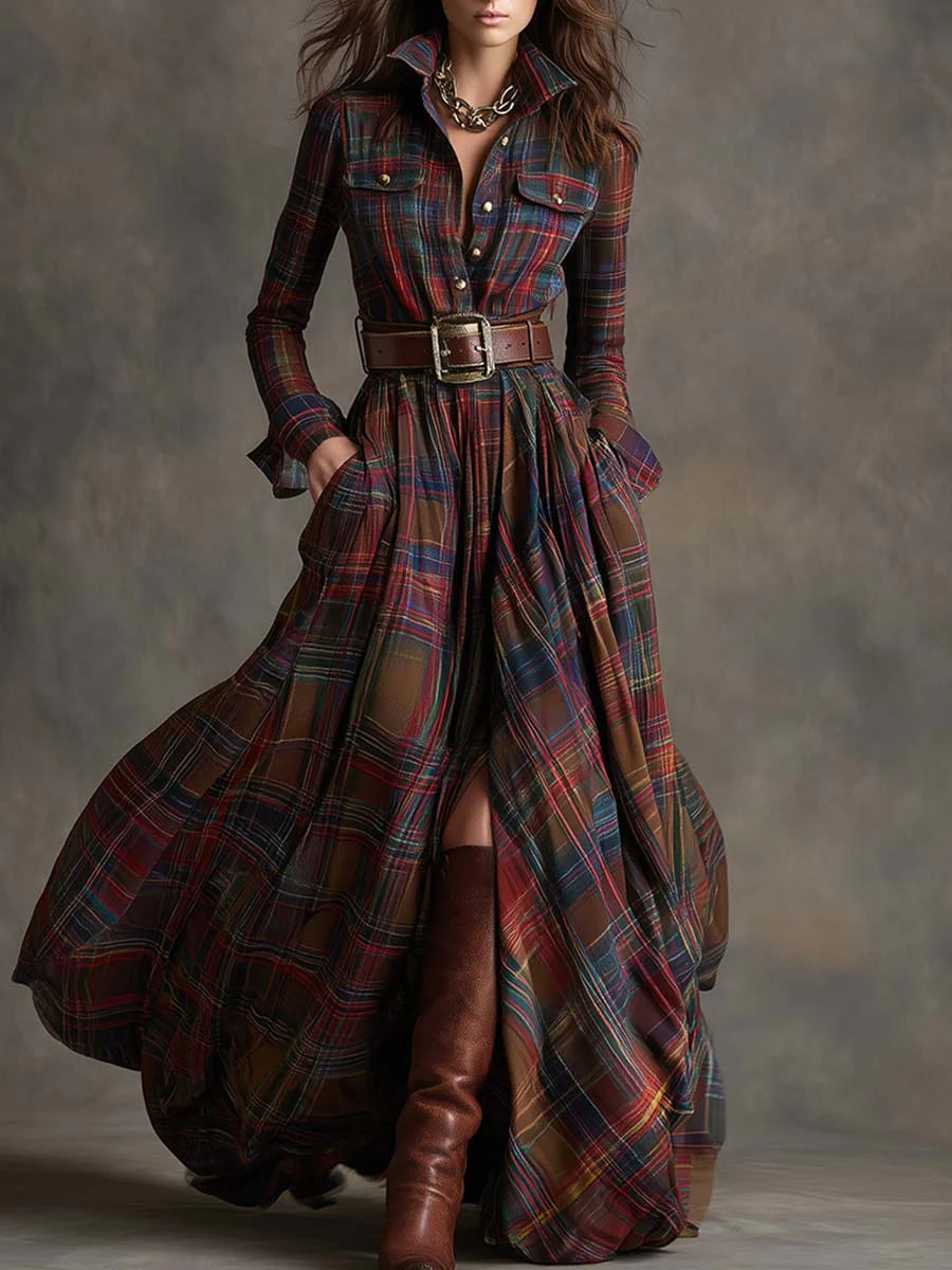 Belted Button-Front Long-Sleeve Maxi Shirt Dress for Women