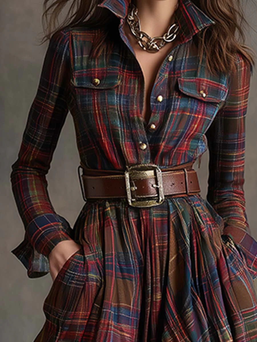 Belted Button-Front Long-Sleeve Maxi Shirt Dress for Women