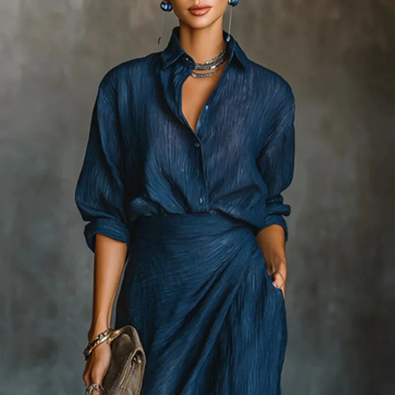 Pleated Button-Up Wide-Leg Two-Piece Set for Women