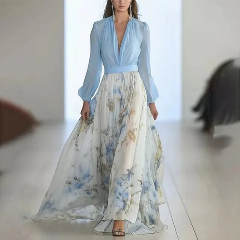 Floral V-Neck Sheer Long-Sleeve Maxi Dress for Women