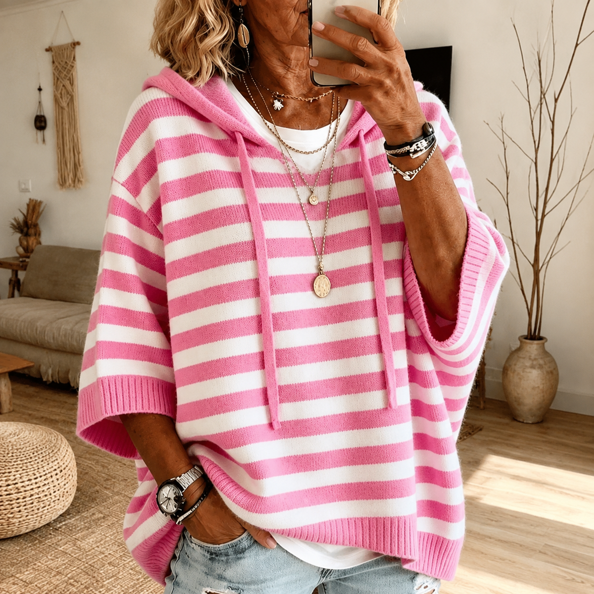 Pink Striped Poncho Sweater