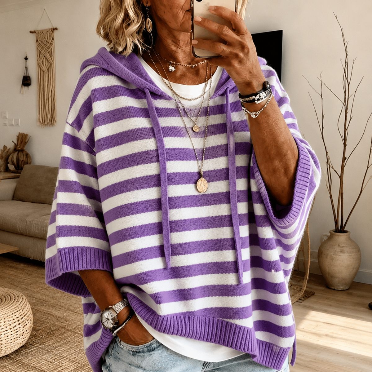 Purple Striped Poncho Sweater