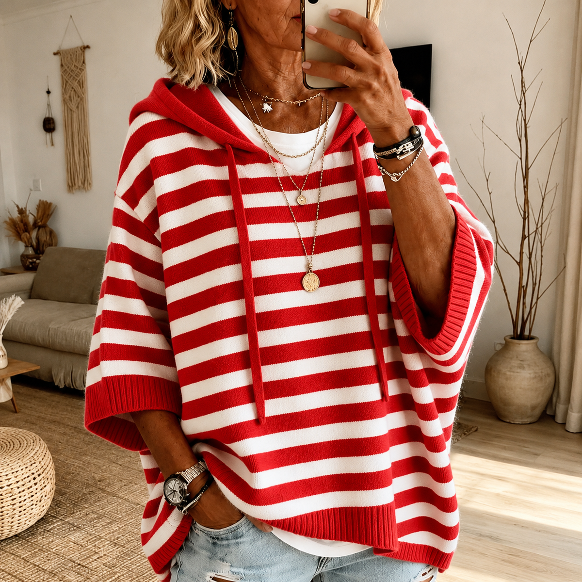 Red Striped Poncho Sweater