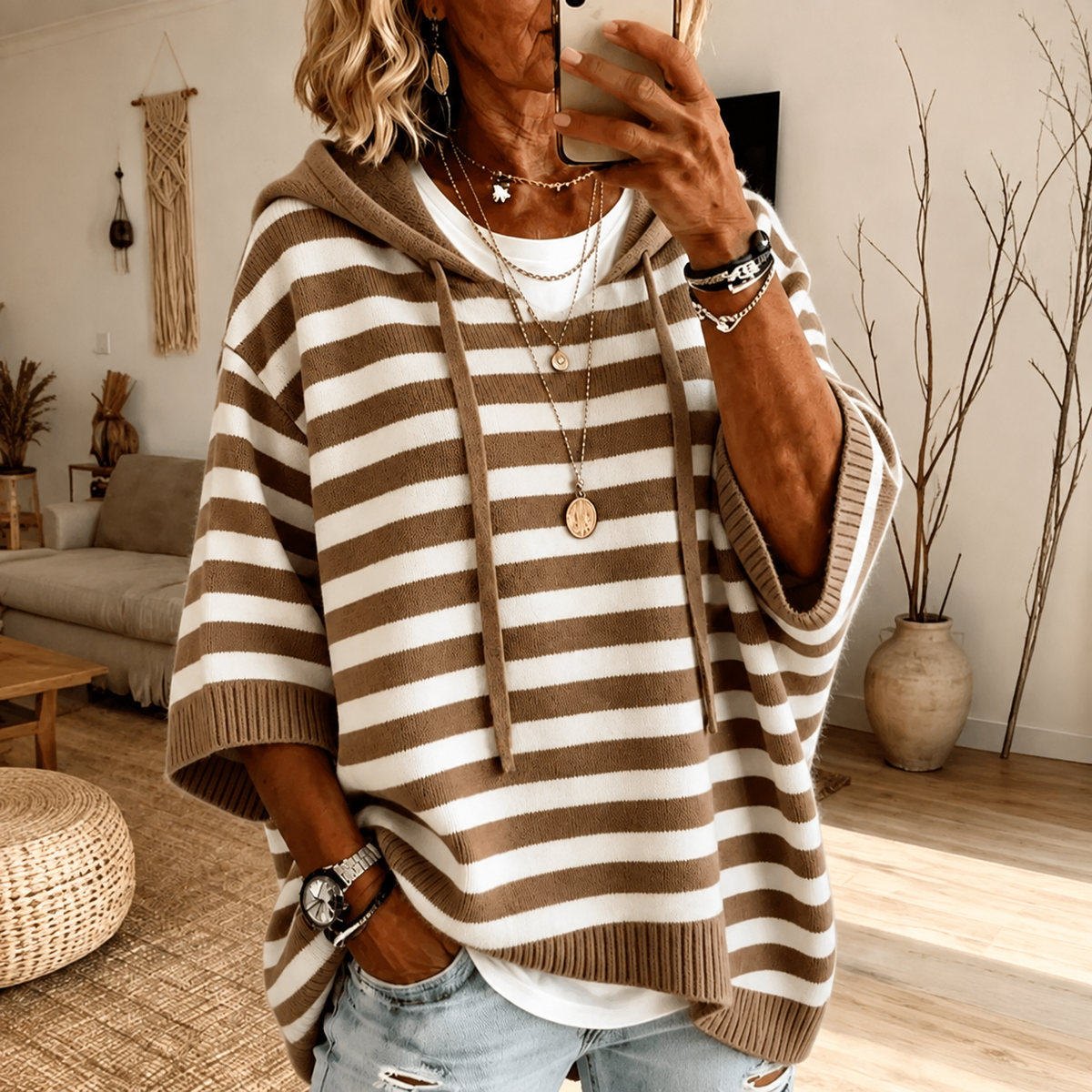 Taupe Striped Poncho Sweater