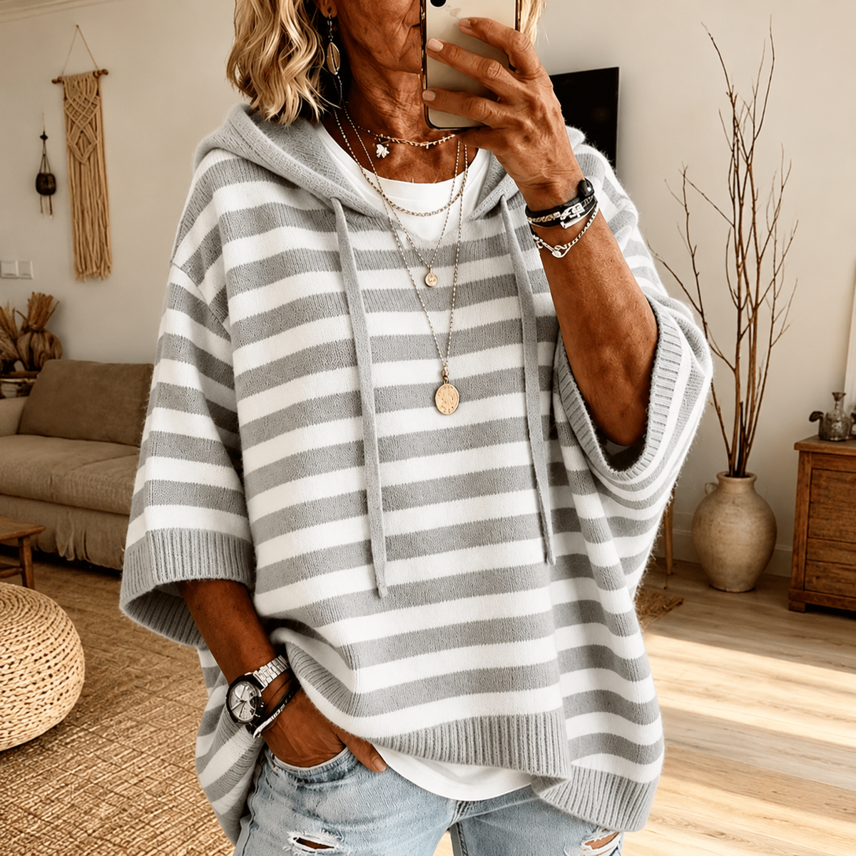 Gray Striped Poncho Sweater
