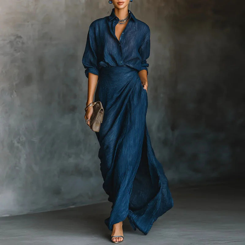Pleated Button-Up Wide-Leg Two-Piece Set for Women