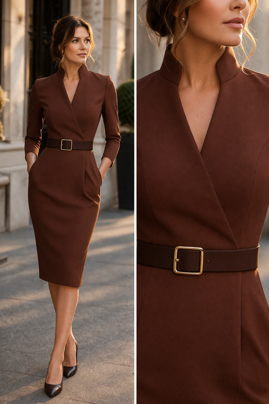 Tivara | Belted Sheath Dress with Mandarin Collar