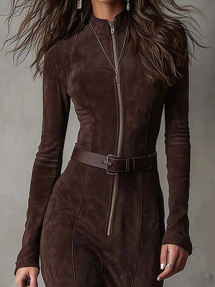 Belted Zip-Front Long-Sleeve Maxi Dress for Women