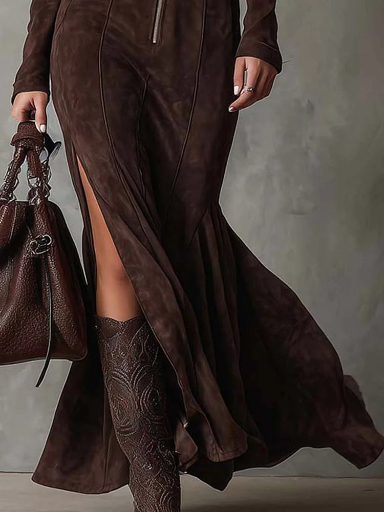 Belted Zip-Front Long-Sleeve Maxi Dress for Women