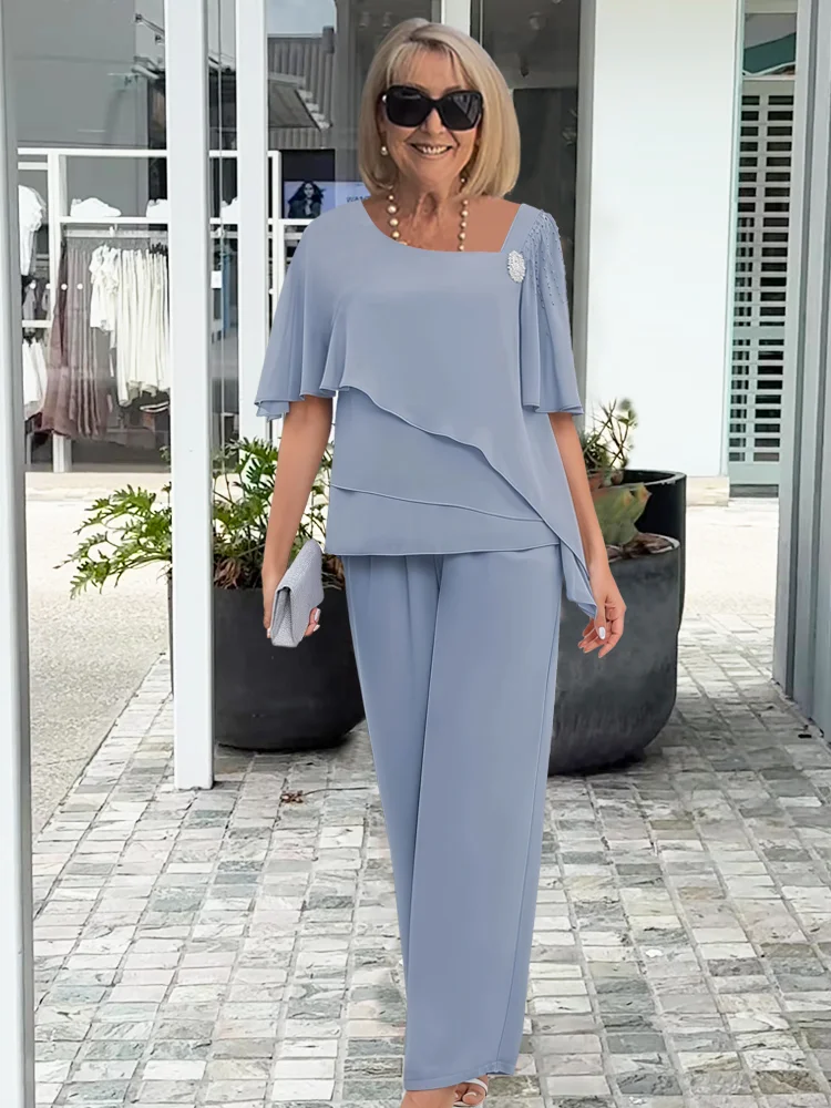 Asymmetric Layered Blouse and Wide-Leg Trouser Set