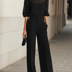 Three-Piece Set with Sheer Camisole Top and Wide-Leg Trousers
