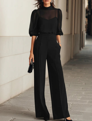 Three-Piece Set with Sheer Camisole Top and Wide-Leg Trousers