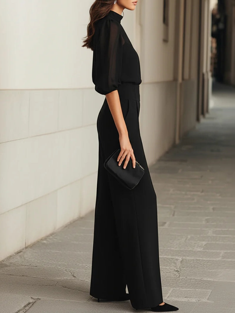 Three-Piece Set with Sheer Camisole Top and Wide-Leg Trousers
