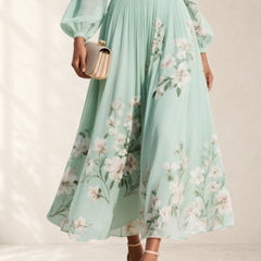Light Green V-Neck Chiffon Pleated Floral Midi Dress