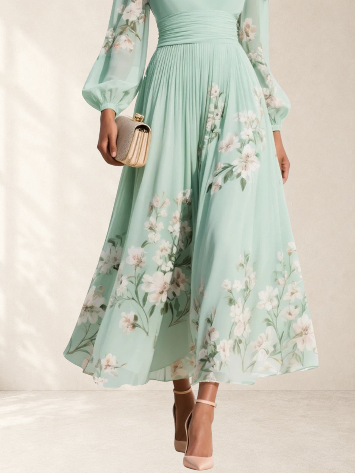 Light Green V-Neck Chiffon Pleated Floral Midi Dress