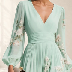 Light Green V-Neck Chiffon Pleated Floral Midi Dress