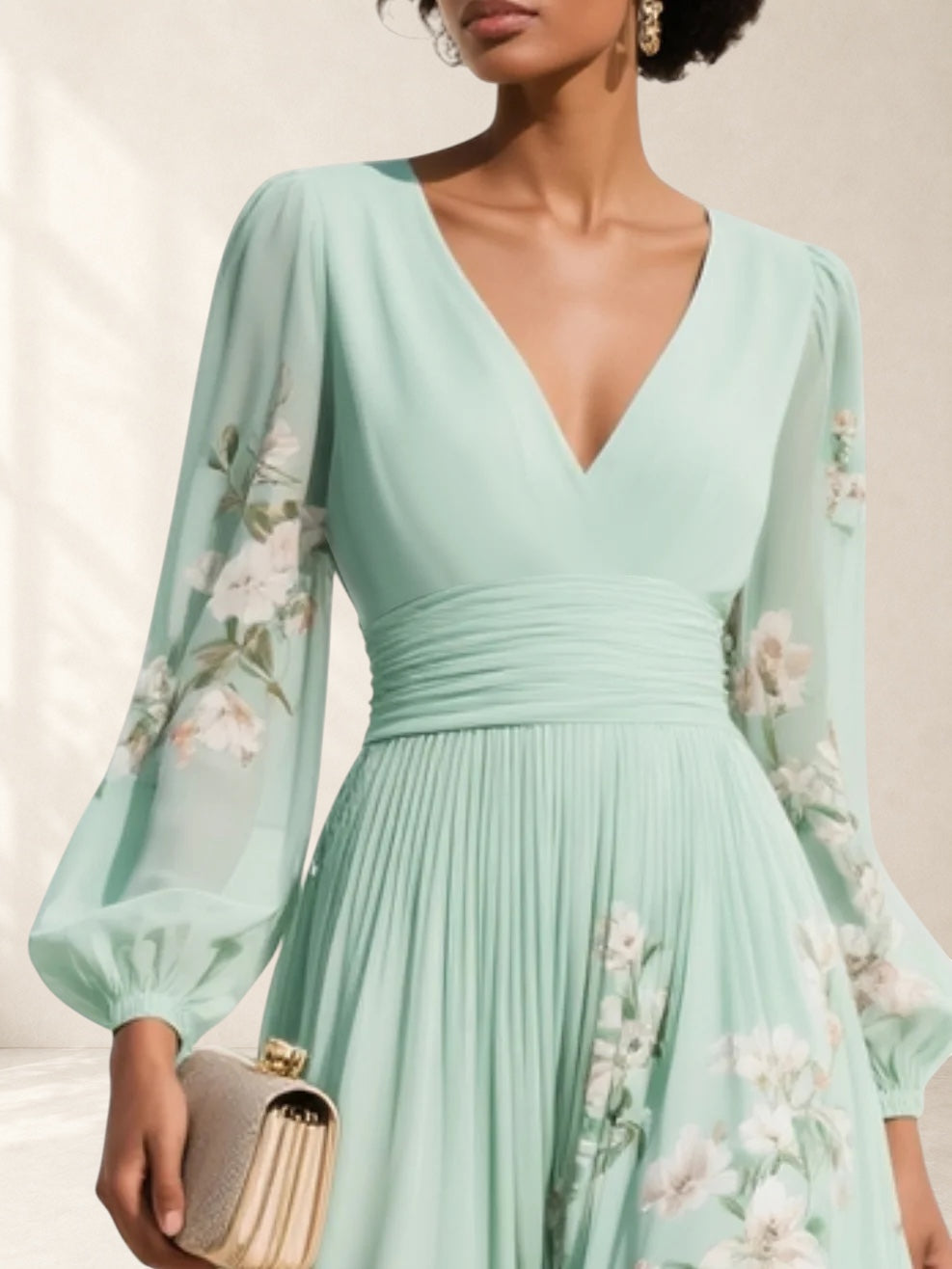 Light Green V-Neck Chiffon Pleated Floral Midi Dress