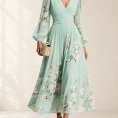 Light Green V-Neck Chiffon Pleated Floral Midi Dress