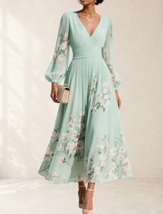 Light Green V-Neck Chiffon Pleated Floral Midi Dress