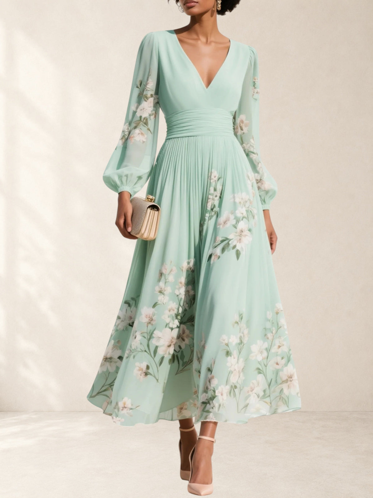 Light Green V-Neck Chiffon Pleated Floral Midi Dress