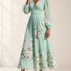 Light Green V-Neck Chiffon Pleated Floral Midi Dress