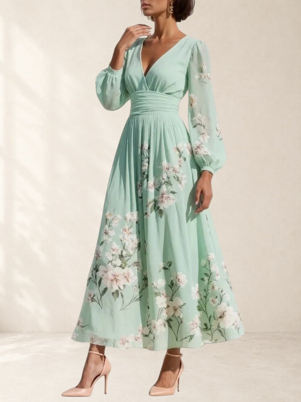 Light Green V-Neck Chiffon Pleated Floral Midi Dress