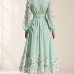 Light Green V-Neck Chiffon Pleated Floral Midi Dress