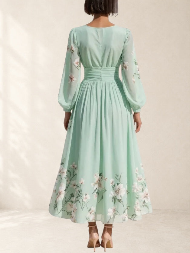 Light Green V-Neck Chiffon Pleated Floral Midi Dress